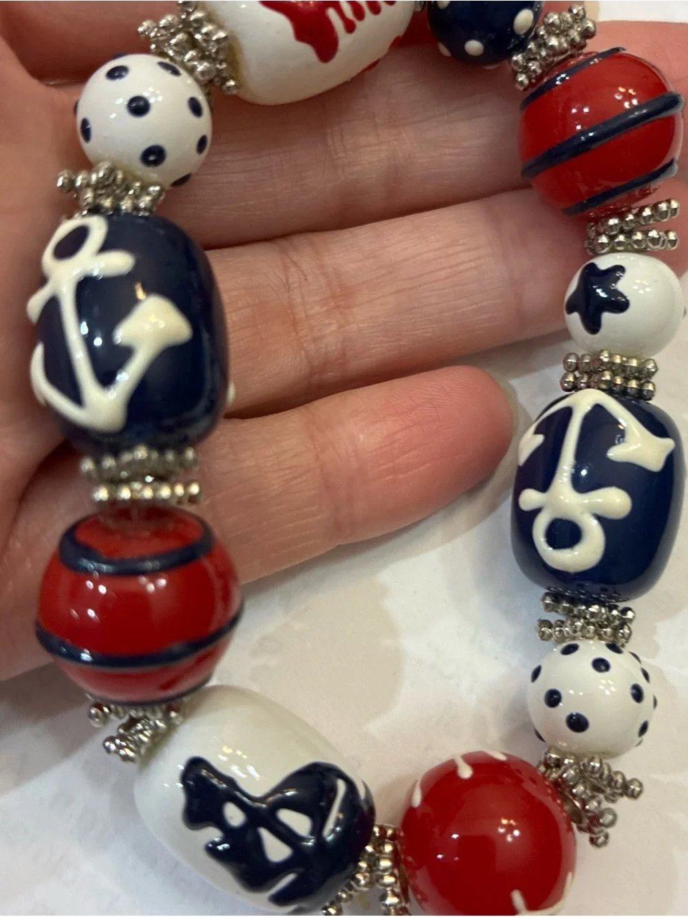 Source Unknown Red White Navy Anchor Beaded Bracelet